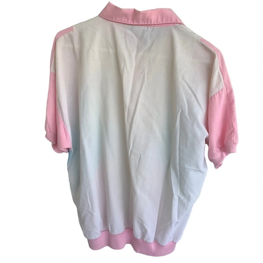 Vintage Casual Isle Blouse Top Women Medium Pink Blue Parachute Ladies Shirt - Picture 3 of 4